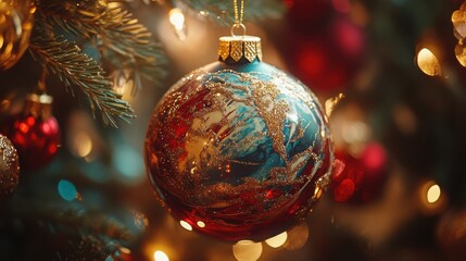 A Mesmerizing Close-Up View of a Christmas Bauble Shaped Like a Globe, Radiating Festive Charm and Global Celebration