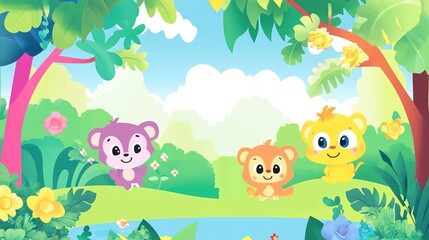 Fototapeta premium A friendly jungle landscape in a cute and playful vector style, featuring vibrant, cartoon-like trees, lush greenery, and colorful wildlife. The scene includes friendly animals like smiling monkeys, 