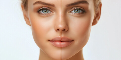 Woman showing makeup foundation applying on face skin before and after effect