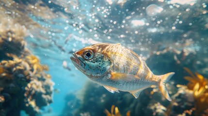 Fototapeta premium Underwater scene with a colorful variety of coral and fish.