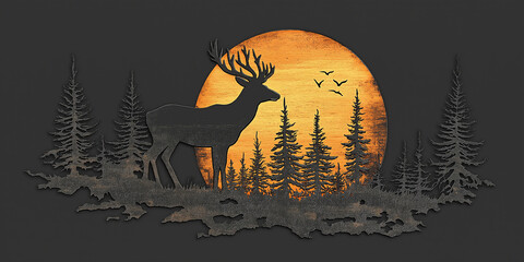 Majestic deer standing in forest at sunset with birds flying overhead