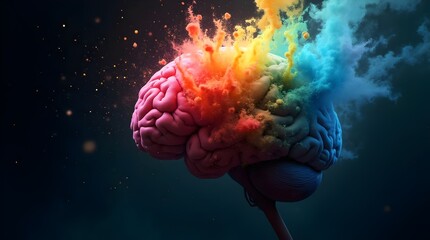 Surreal Concept Art of a Human Brain Exploding with Multicolored Rays of Knowledge and Abstract Shapes, Concept art of a human brain exploding with knowledge, 
