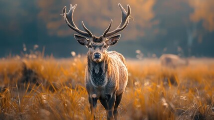 A majestic deer with large antlers stands proudly on a field of tall grasses,
