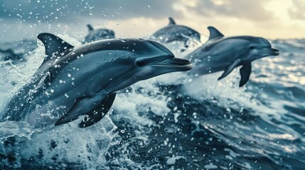 Fototapeta premium A group of dolphins leaping out of the water.