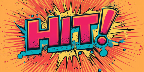 Hit comic book bold pink text with orange starburst background