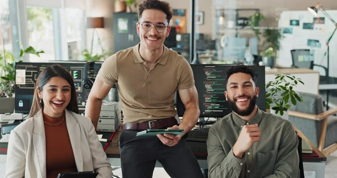 Face, software engineer and happy group of business people in startup for discussion. Portrait, smile and diverse team of programmers coding with tablet for creative development, laugh and about us