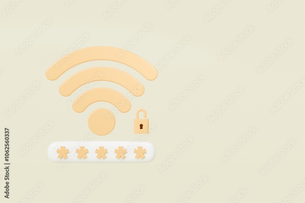 Poster 3d wifi password protection icon. minimal wireless network password protection with padlock and pass