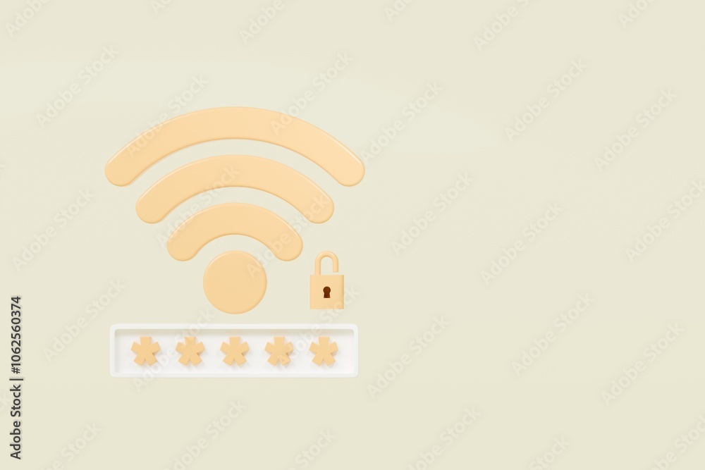 Poster 3d wifi password protection icon. minimal wireless network password protection with padlock and pass