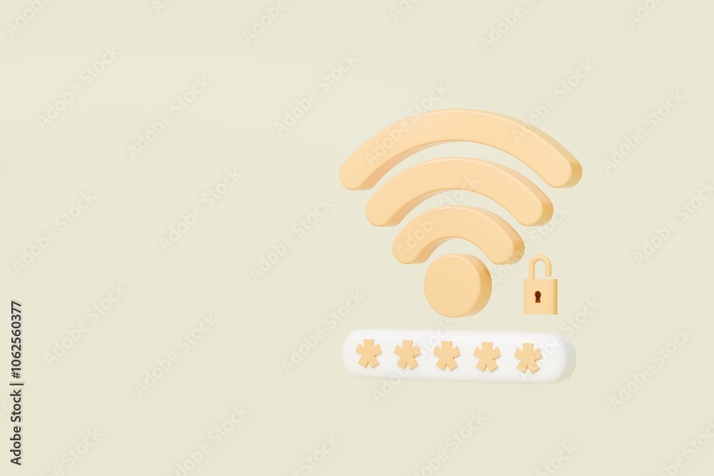 Poster 3d wifi password protection icon. minimal wireless network password protection with padlock and pass