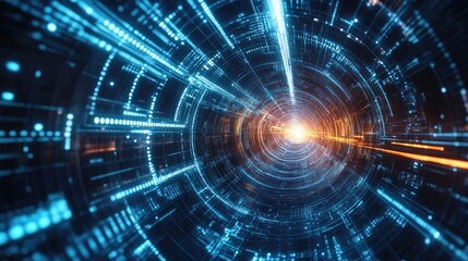 Abstract Digital Tunnel with Glowing Blue and Orange Lines