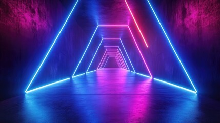 Neon Lights Illuminate a Concrete Corridor with Blue and Pink Glowing Lines