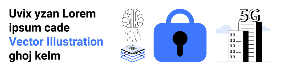 Central blue lock symbolizing security, neural network brain for AI, blockchain stacks, and 5G network towers. Ideal for cybersecurity, AI integration, blockchain technology, data protection, network