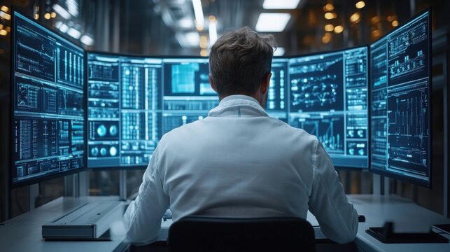 A man sits in front of multiple computer monitors displaying technical data, working in a modern, high-tech environment.