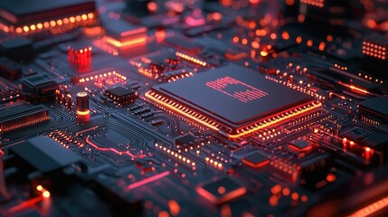 Fototapeta premium Illuminated Motherboard with Red Glowing Circuits and a Central Processor