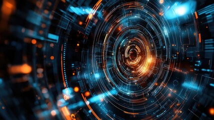 Abstract digital interface with concentric circles and glowing lines