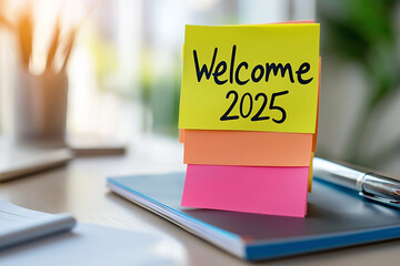 Note stickers welcoming the new year 2025 on the table. New year concept.