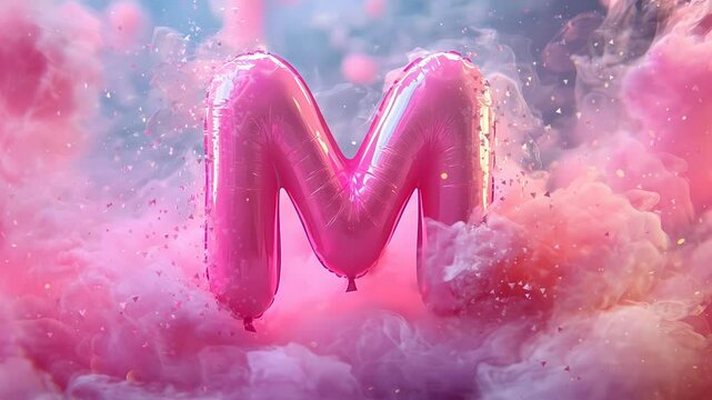 A round balloon-shaped letter 'M' in pink colors, multicolored particles and gentle plumes of smoke background a magical and dreamy effect