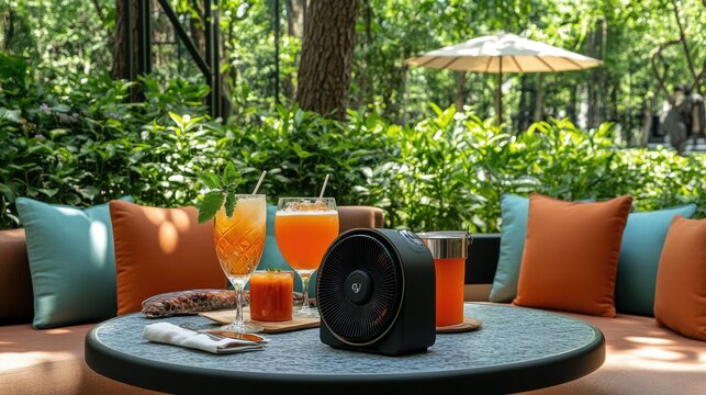 Refreshing Drinks and Fan in a Green Outdoor Setting