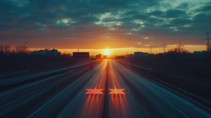 Obraz premium Sunset over an empty highway with illuminated road markings in a serene urban landscape