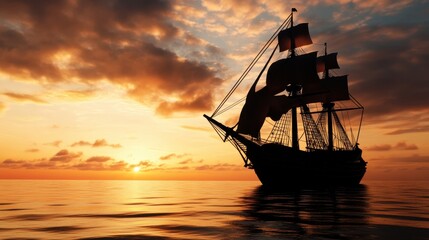 A breathtaking silhouette of a majestic sailing ship against a vibrant sunset. Billowing sails and calm waters reflect warm hues, evoking maritime adventure and tranquility.