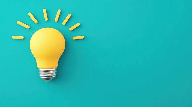 A bright yellow light bulb on a teal background symbolizes creativity and innovation, radiating stylized rays of light. Perfect for themes of inspiration and problem-solving.
