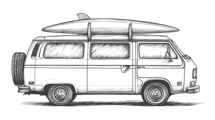 A hand-drawn illustration of a classic vintage van with a surfboard on top, captured in retro style. The van's design emphasizes nostalgic elements, with curved lines and vibrant colors 