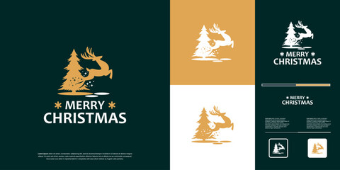 Christmas holiday with the concept of leaping reindeer and pine trees , graphic design inspiration.