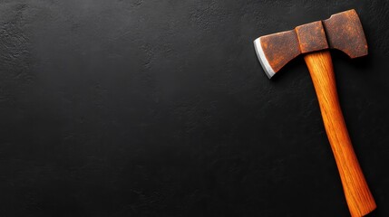 A close-up of a weathered axe against a textured black background showcases its rustic charm. polished wooden handle and worn blade symbolize craftsmanship and outdoor skills.