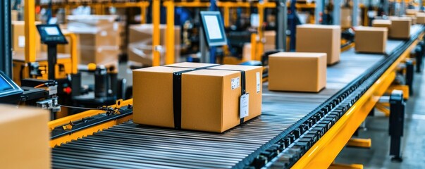 A conveyor belt transports brown boxes in a warehouse, showcasing an efficient packaging and distribution process in a logistics environment.