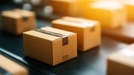 Fototapeta premium A close-up of sealed cardboard boxes on a conveyor belt in a modern warehouse. Soft lighting highlights the effecticient logistics and shipping operations essential for e-commerce.