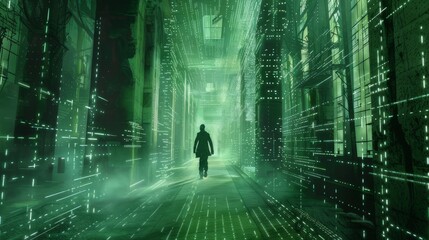 Someone is inside a mysterious room with a glowing green code on the wall.
