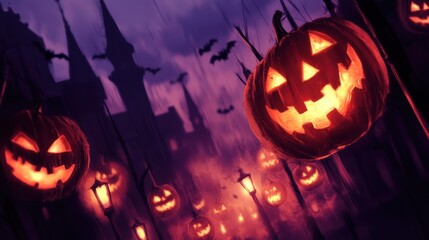 A haunting Halloween glowing jack-o'-lanterns in eerie streets, intricately carved with wide grins. Silhouetted bats and Victorian lampposts enhance the mystical ambiance.