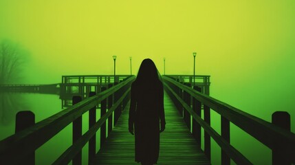 A haunting silhouette stands at the end of a foggy pier, illuminated by soft lanterns. eerie green backdrop and shimmering water enhance a mysterious, suspenseful atmosphere.
