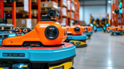 The image shows automated robots navigating a warehouse environment, efficiently organizing and transporting goods.