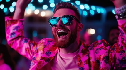 A joyful man in a flashy pink blazer and trendy sunglasses celebrates at a lively party, arms raised amidst bright lights, embodying nightlife and community spirit.