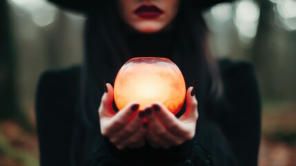 A mysterious woman in dark attire holds a glowing orange orb in a dim forest. Her deep red lips and enchanting aura evoke themes of magic and the supernatural, ideal for fantasy or Halloween projects.