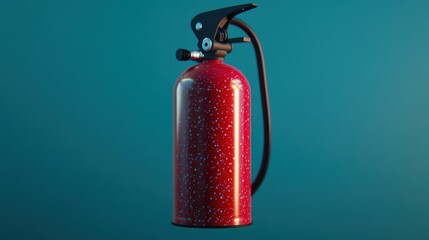 A red fire extinguisher stands out against a soft teal background, showcasing its sleek design and safety features. Ideal for themes of fire safety and emergency preparedness.