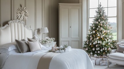 Serene Bedroom with Festive Christmas Tree Decor