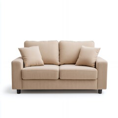 Beige fabric sofa with two pillows on a white background.