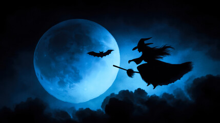 A silhouette of a witch on a broomstick glides past a glowing full moon, accompanied by a bat. Soft clouds enhance the enchanting atmosphere, perfect for Halloween or fantasy themes.