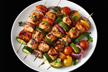 Plate grilled chicken skewers various vegetables are arranged And Vegetable Kabobs