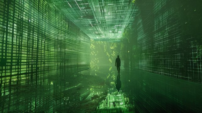 A hallway whose walls were full of glowing green ode.