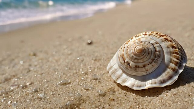 A close-up of a seashell on the beach, with sand and ocean in the background.