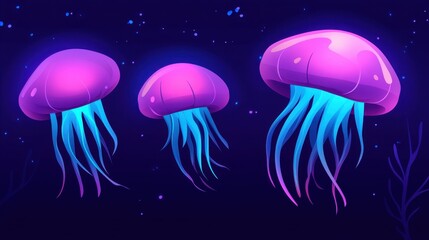 A vibrant digital illustration showcases three jellyfish floating in the dark ocean.