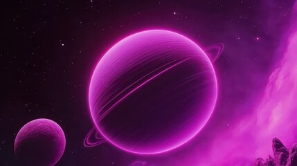 A vibrant pink planet with glowing rings floats in deep space, surrounded by smaller celestial bodies. A swirling nebula enhances the cosmic beauty, perfect for art or educational themes.