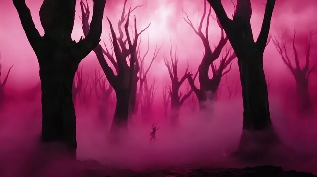 Title Enigmatic Forest at DuskDescription A surreal forest at dusk, shrouded in pink and purple hues.