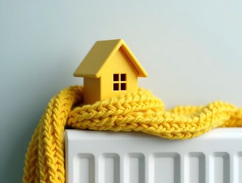 A house wrapped in a cosy warm scarf on a radiator. Background, Home heating concept, wallpaper