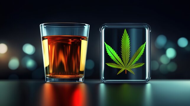 Iconic symbols of alcohol and marijuana featuring a classic cocktail glass alongside a stylized cannabis leaf. This design represents the cultural intersection of recreational substances, 