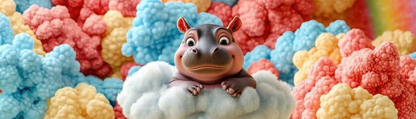 A cute animated character resembling a hippo sits on soft clouds, surrounded by colorful, fluffy popcorn in vibrant hues.