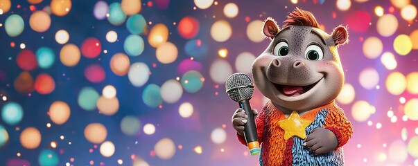 A cheerful animated hippo character holds a sparkling microphone, surrounded by a colorful blurred background of lights.
